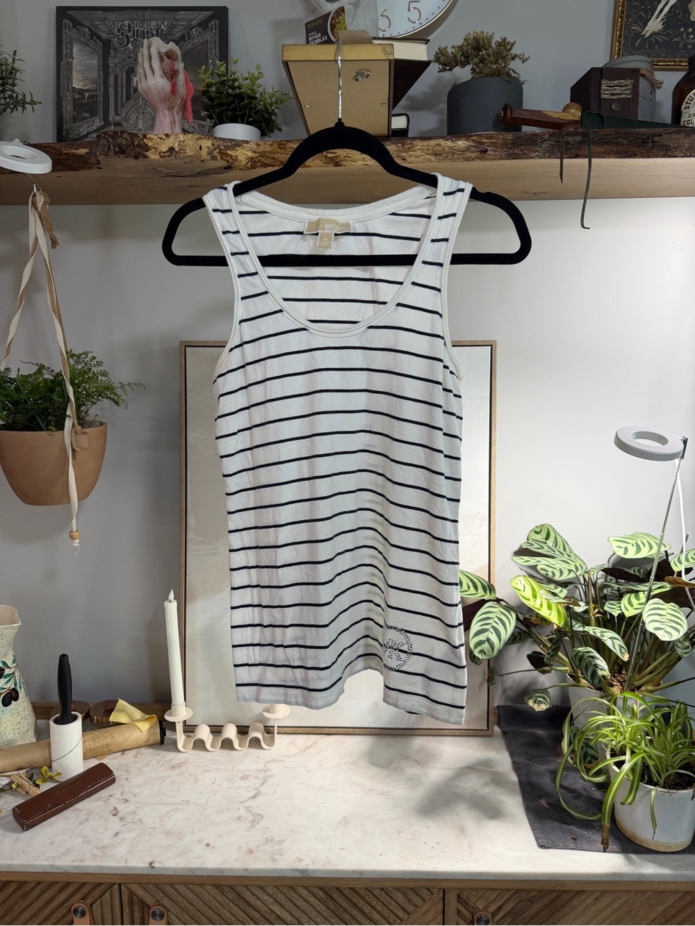MICHAEL Michael Kors White and Black Striped Tank with Rhinestone Logo